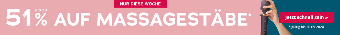 Werbemittel mit zweifarbigem Hintergrund, einmal rosa und einmal petrol farbig. In weisser Schrift steht grossflächig geschrieben 'Bis zu 51% auf Massagestäbe'. Oben ist ein rot hinterlegtes Verknappungselement 'Nur diese Woche'. In kleiner, weisser Schrift steht unten '*gültig bis 20.09.2024'.