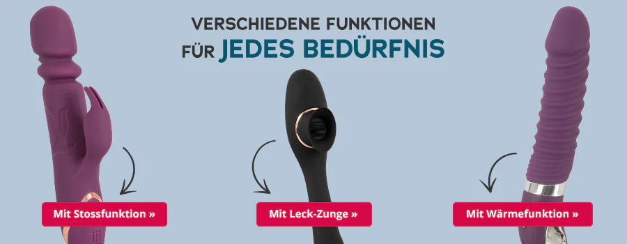 Werbemittel für Vibratoren mit einfarbig blauem Hintergrund. Oben steht „Verschiedene Funktionen für jedes Bedürfnis“. Abgebildet sind drei verschiedene Vibratoren in lila und schwarz. Unter dem links abgebildeten Rabbitvibrator ist ein rot hinterlegter Call-to-Action Button mit der Aufschrift „Mit Stossfunktion »“. Der mittlere Vibrator ist schwarz. Der Pfeil zeigt auf einen rot hinterlegten Call-to-Action Button mit der Aufschrift „Mit Leck-Zunge »“. Ganz rechts ist wieder ein lilaner Vibrator abgebildet mit einem rot hinterlegten Call-to-Action Button mit der Aufschrift „Mit Wärmefunktion »“.