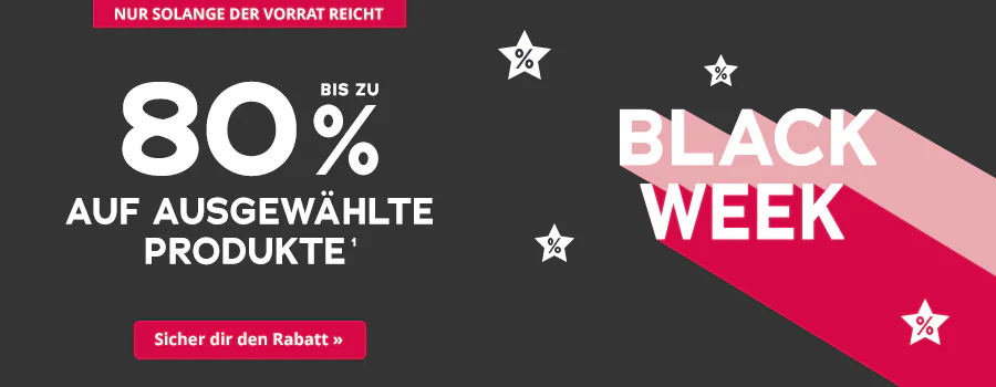 Werbemittel für die Black Week mit dem einfarbig schwarzem Hintergrund. Oben ist ein rot hinterlegtes Verknappungselement mit der Aufschrift “Nur solange der Vorrat reicht”. Gross in der Mitte steht “Bis zu 80% auf ausgewählte Produkte”. Ausserdem ist in grossen Buchstaben “Black Week” auf einem Hintergrund in Rot und Rosa abgebildet. Am unteren Rand befindet sich ein weiß hinterlegter Call-to-Action-Button mit der Aufschrift “Sicher dir den Rabatt”, flankiert von Sternen mit Prozentzeichen.