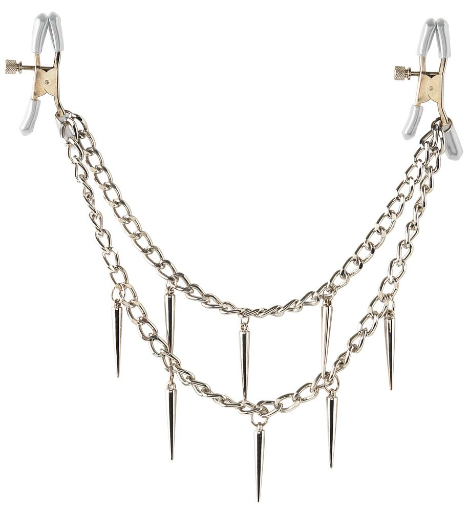 Nippelklammern „Rock Hard Nipple Clamps“, mit stylischer Metallkette voller Spikes, 31 cm