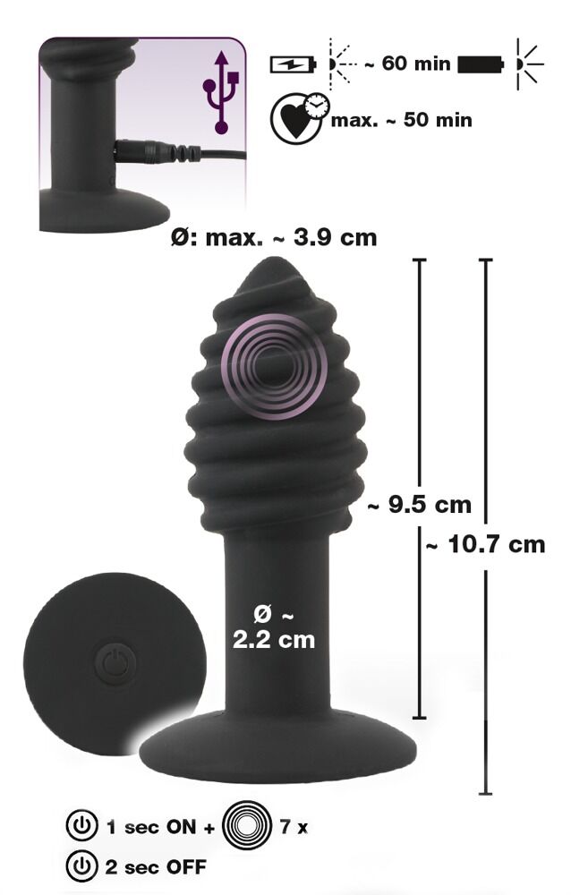 Analplug „Twist butt plug“, mit ausgeprägter Rillenstruktur, 7 Vibrationsmodi