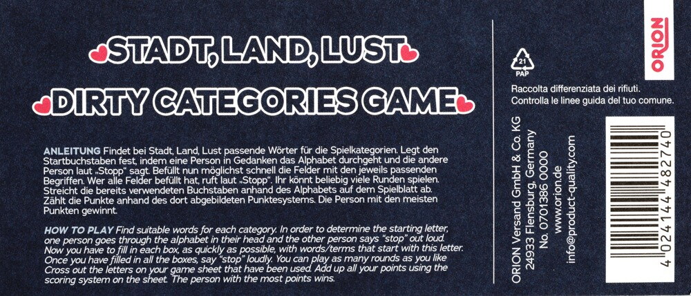 Erotikspiel „Stadt, Land, Lust“, 25-Blatt-Papierblock