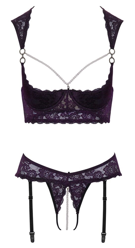 Hebe plus Straps-String ouvert aus Lila-Stretch-Spitze mit schwarzen Details