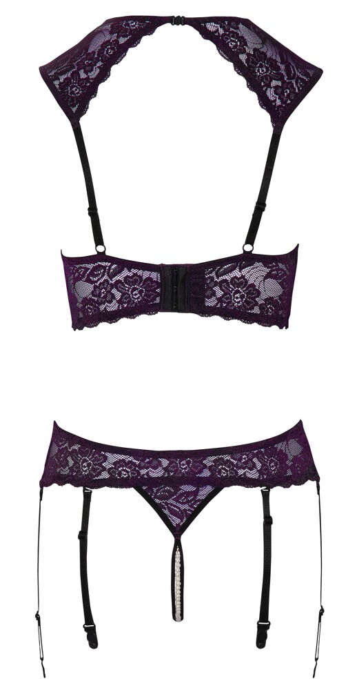 Hebe plus Straps-String ouvert aus Lila-Stretch-Spitze mit schwarzen Details