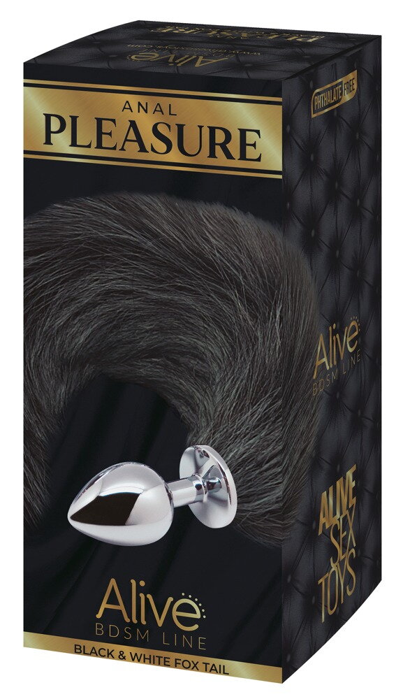 Analplug „Black & White Fox Tail“ aus Metall mit Schweif am Stopper